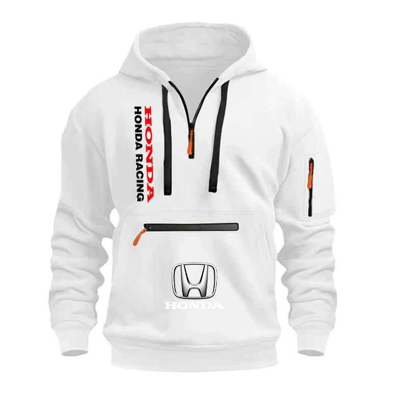 

Men's casual hooded sweatshirt with Honda logo - New autumn/winter solid color style, fashionable with multiple pockets and zipp