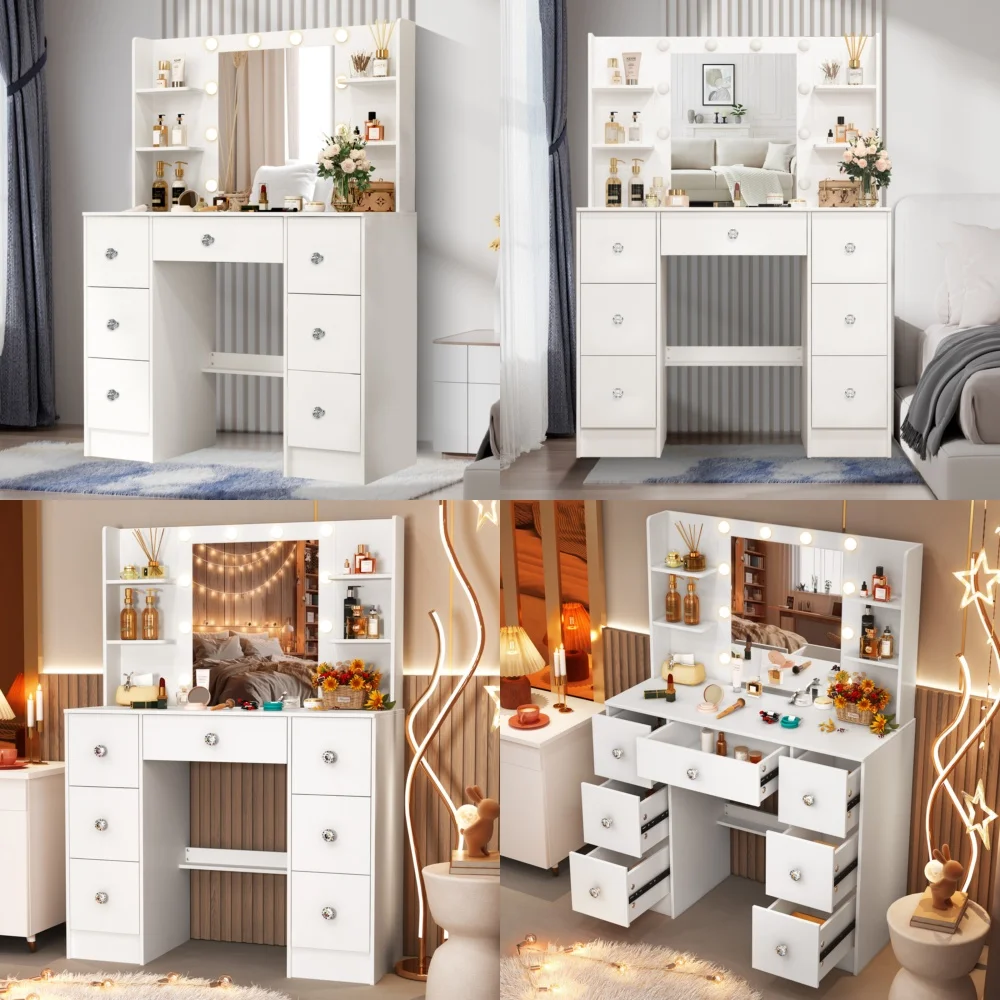 

Makeup VanitiesLarge Makeup Vanity Desk with LED Mirror and 7 Storage Drawers Modern Design for Women