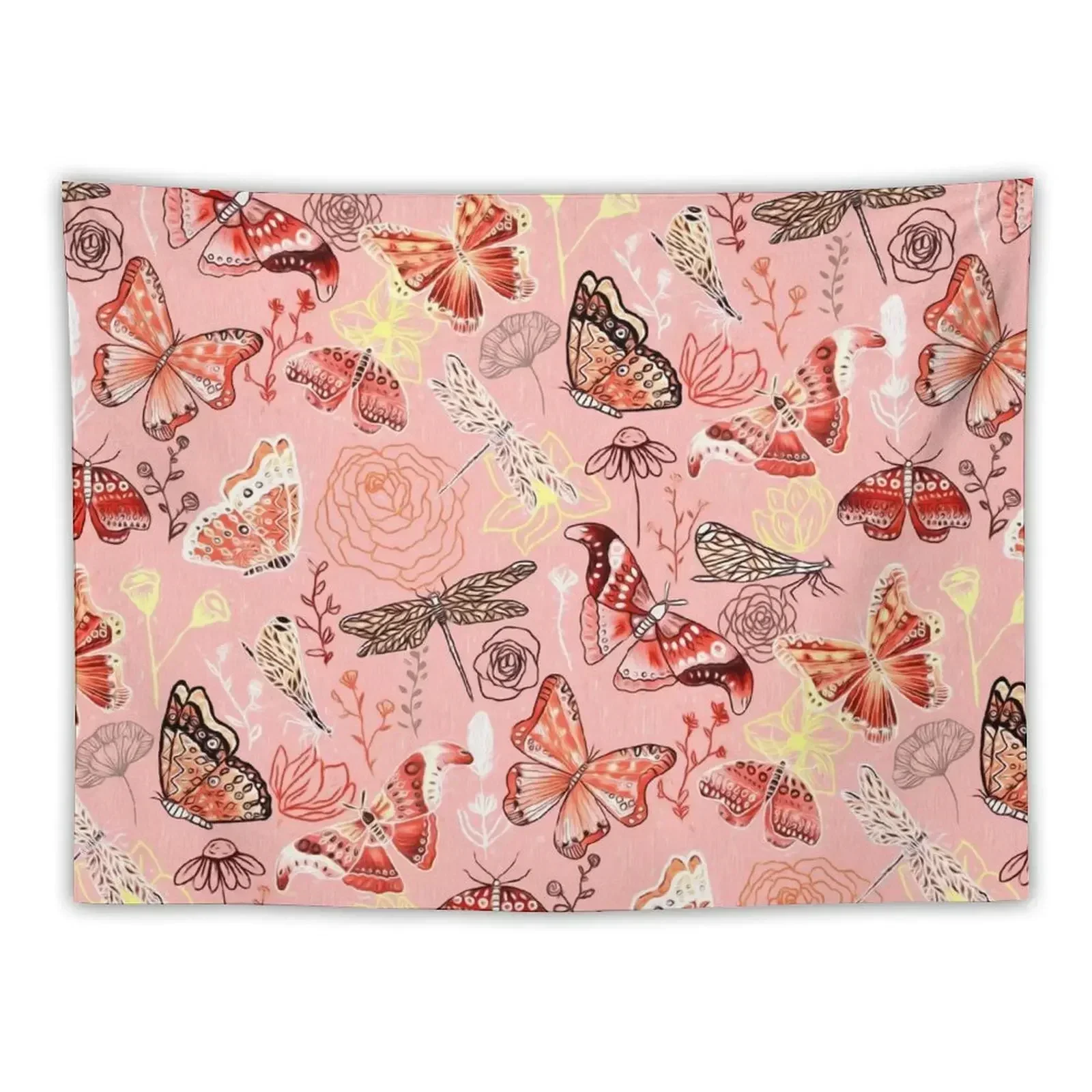 

Dragonflies, Butterflies, Moths and Floral Design on Coral Tapestry Bedroom Decoration Things To The Room Tapestry
