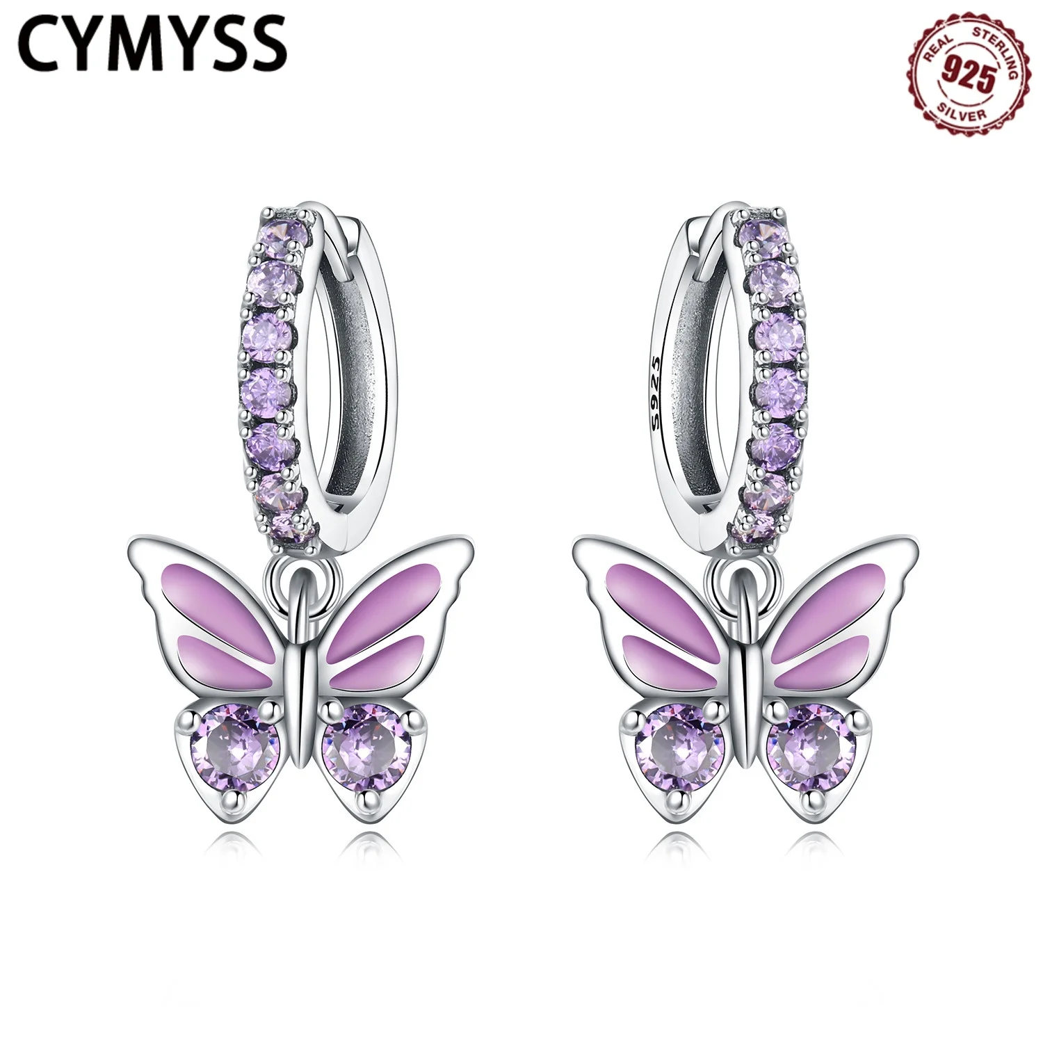 

CYMYSS 2025 New 925 Pure Silver Purple Butterfly Earrings Women's Party DIY Gift Charm Jewelry Symmetrical Earrings