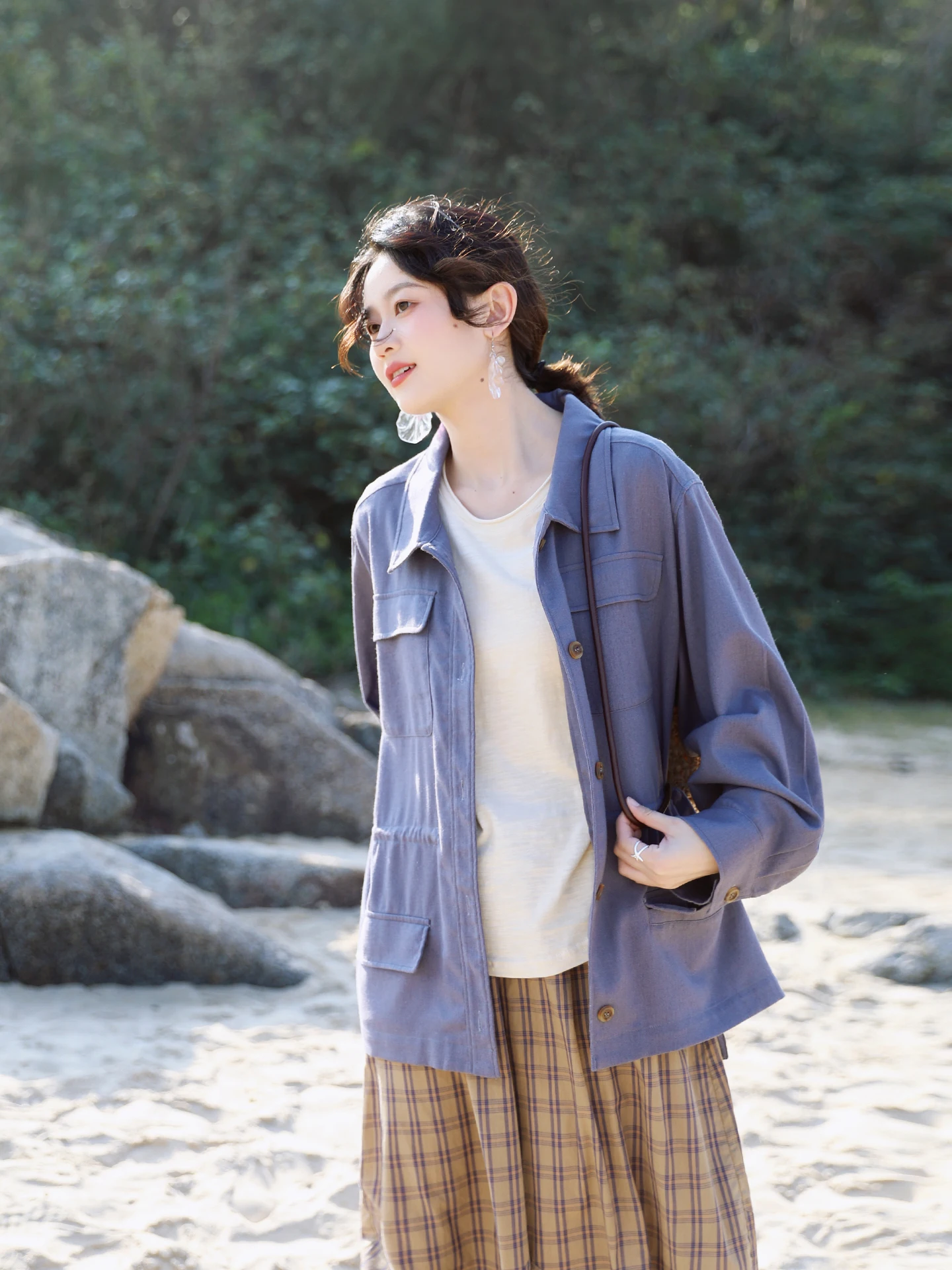 

Hua Ji C64 Women's Loose Fit Long Sve Workwear Jaet Cotton Linen Waist Cinched ket Detail Spring New Sle Casual Ou...