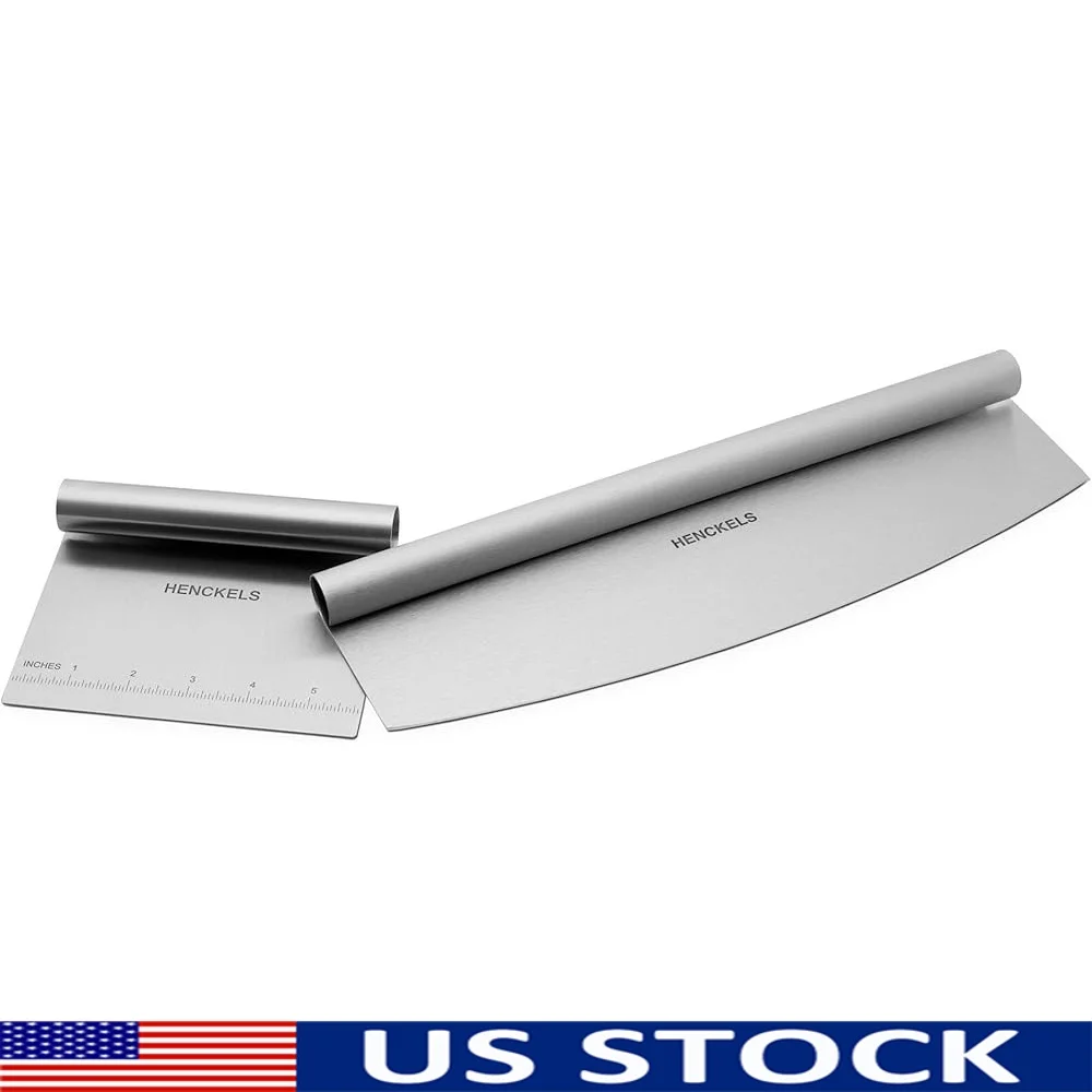 

Stainless Steel BBQ Pizza Prep and Cut Set with Bench Scraper and Rocking Cutter Dishwasher Safe Kitchen Tools