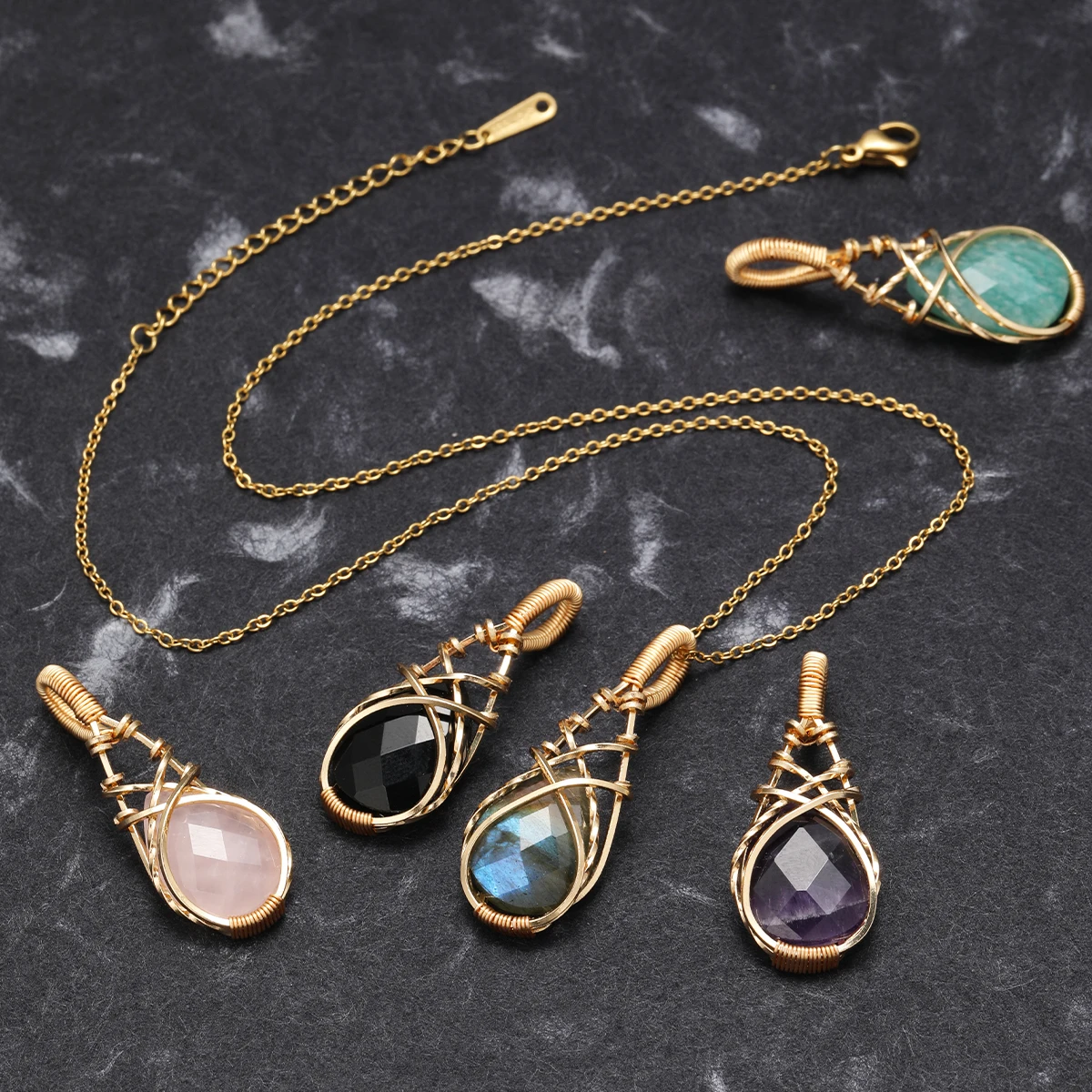 

Natural Stone Crystal Necklace Pendant Stainless Steel Chain Women's Necklace Teardrop Pendant Jewelry Making Chain Gift Jewelry
