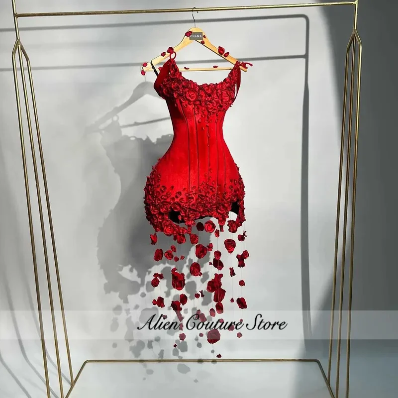 Pretty Petals Floral Short Prom Dresses Red Velvet Mini Wedding Party Dress Handmade Flowers Black Girls Birthday Dress Custom