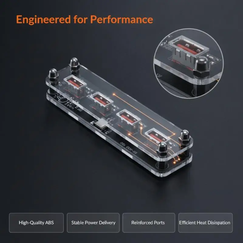 Portable USB Power Supply Base Multifunctional Desktop Accessory Power Adapter With Transparent Casing 4-Port Hub Power Supply