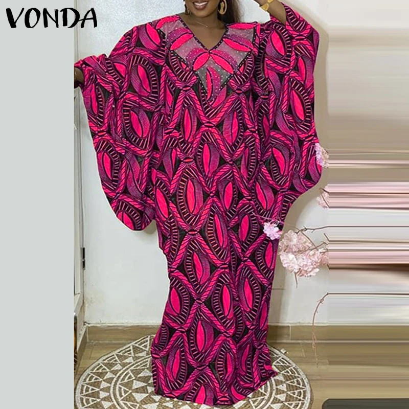 VONDA grande taille robes bohème impression longue Maxi Robe d'été femmes élégant col en v décontracté à manches longues Robe fête robes 5XL