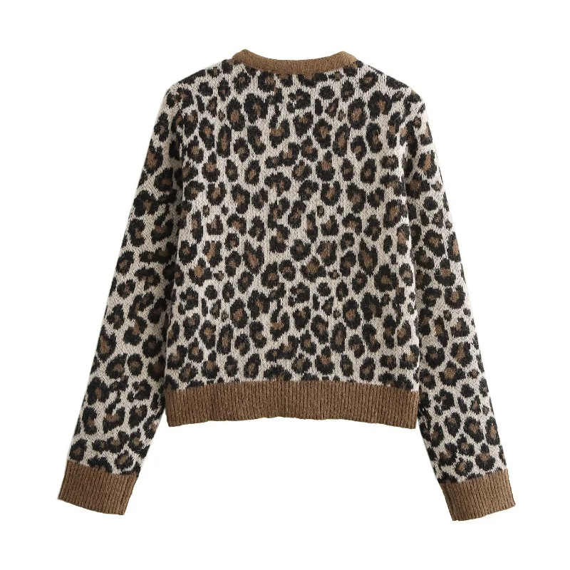 TRAF ZR Knit Cardigan Ladies Long Sleeve Cozy Sweaters Y2k Vintage Top Women's Autumn Sweater Leopard Print O-neck Cardigan