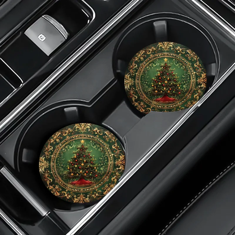 2pcs/set Vintage Green Christmas Tree Car Coasters, 2.75