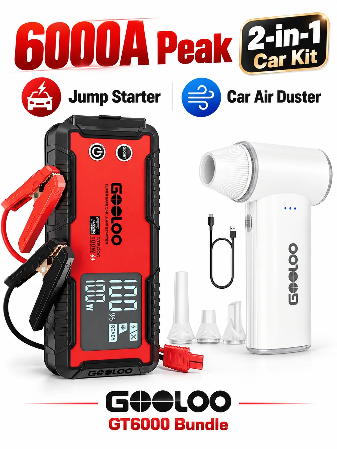 GOOLOO GT6000 6000A 12V Car Jump Starter,100W Bi-directional Fast Charge,27000mAh,24-Month Standby,Large Display for All Gas & ≤12L Diesel + GOOLOO F3 150000RPM Electric Air Duster,3-Speed Type-C 4 Nozzles for PC Car Keyboard,0.45lb White