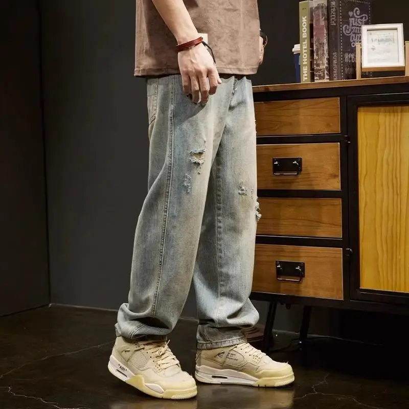 

Kazuki Kuraii американские ретро уличные мужские джинсы повседневные свободные прямые джинсы износостойкие длинные брюки молодежная мода