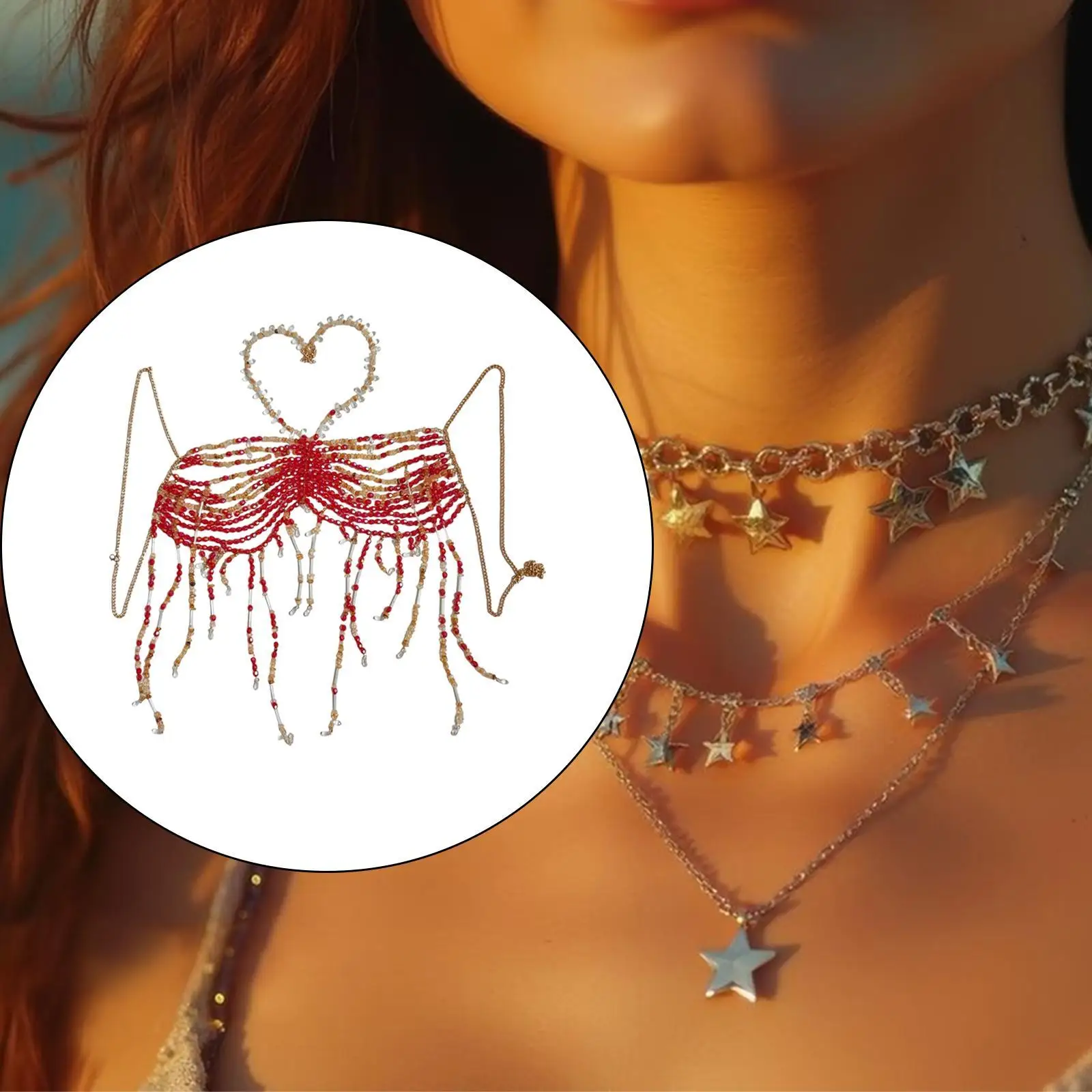 

Women Body Chain Bra Elegant Beaded Tassels Fashionable Jewelry for Summer Cosplay Masquerade Themed Party Stage Performance