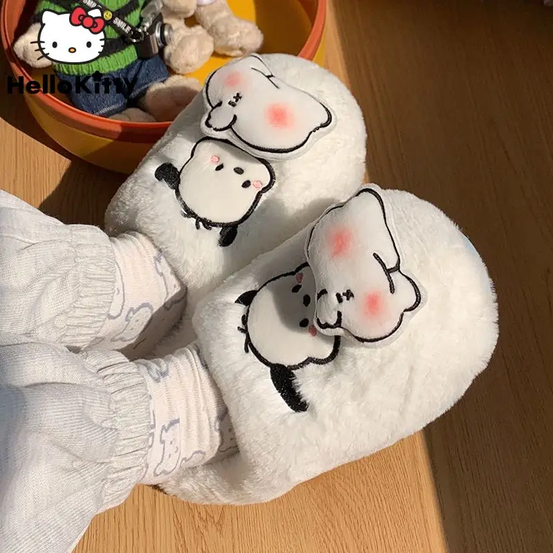 Sanrio Pochacco New Home Cotton Shoes Kawaii Women Autumn Winter Soft Fuzzy Slippers Y2k Girls Anti Slip Casual cute Flat Shoes