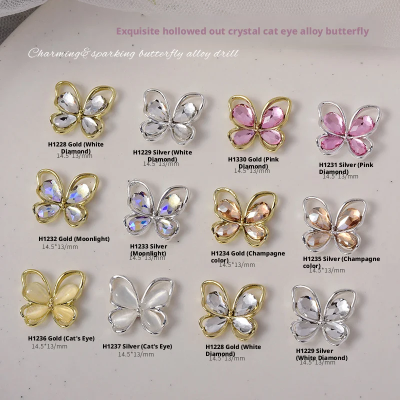 YYM 10PCS 3D Crystal Butterfly Charms Elegant Butterfly Alloy Rhinestones Nail Art Decorations DIY Manicure Jewelry Ornaments