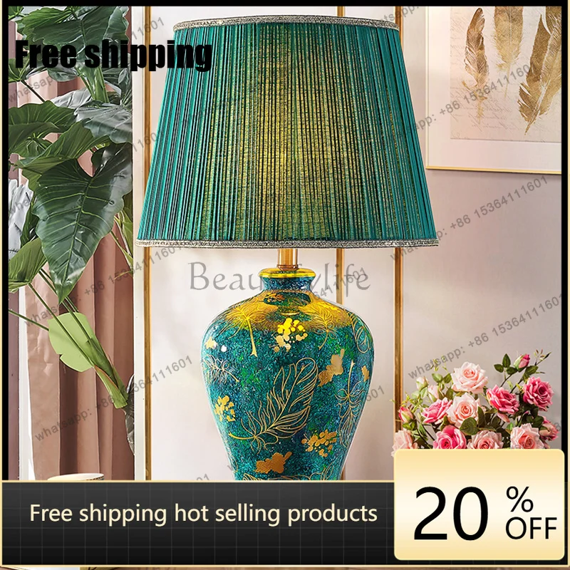XX American Retro Green Ceramic Table Lamp For Bedroom Living Room Bedside Lamp Emerald Queen Atmospheric Luxury Villa Lamp