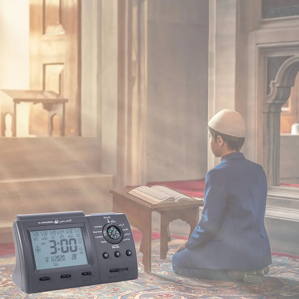 Multi-purpose Muslim Table Clock Hijir Calendar with Adhan Alarm Tabletop Muslim Clock Temp Display Easy Setting Prayer Alarms