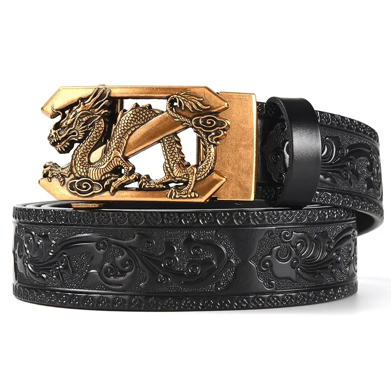 3,5 cm Beliebter chinesischer Loong-Gürtel aus Metalllegierung mit automatischer Schnalle, luxuriöser Herren-Gürtel aus echtem Leder, Retro-Gürtel mit geschnitzten Blumen – Detail 9