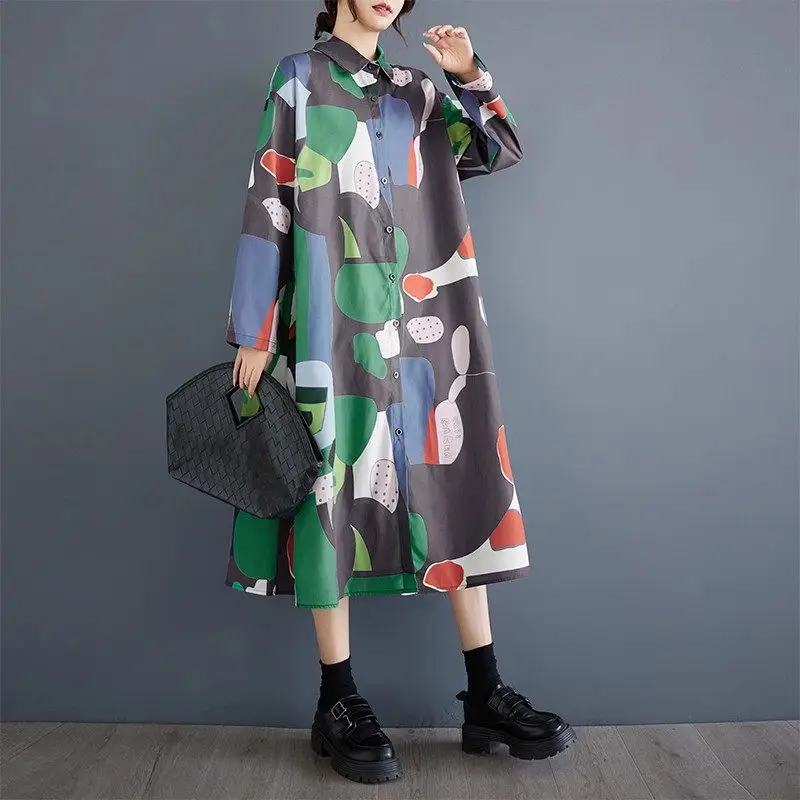 Popular Women Shirt Dress 2024 Spring Autumn Korean Edition Loose Oversized Fashion Print Medium Long Artistic Retro Dress k2748