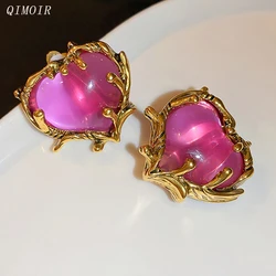 Large Glass Heart Clip Earrings For Women Fuchsia Vintage Flower Heavy Metal Design Jewelry Fashion New Styles Accessories C1380