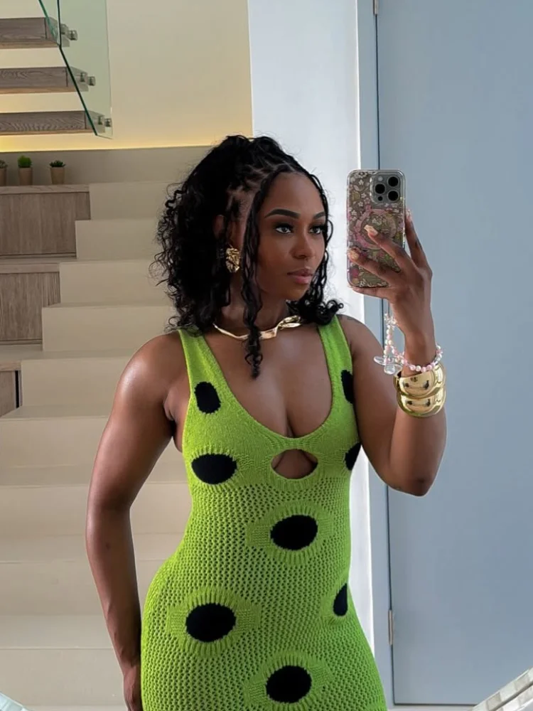 Polka Dot Patchwork Knitted Sling Dresses Backless Sleeveless Tassels Hollow Out Slim Fit Split Maxi Robe New Female Party Gown