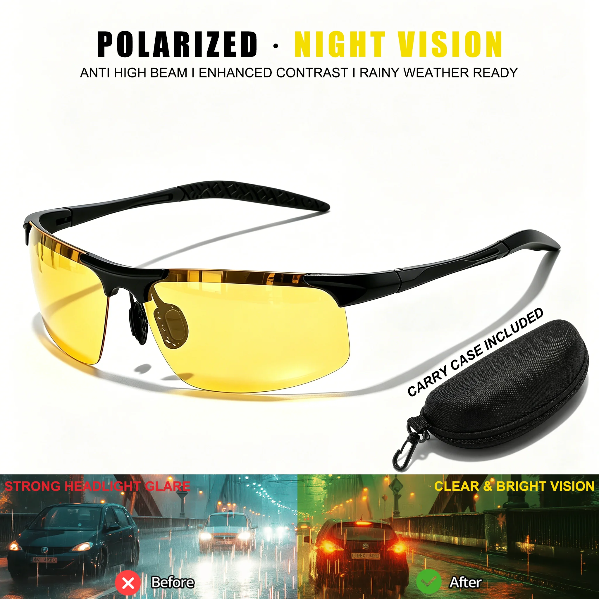 Half Frame Polarized Night Glasses Adjustable Silicone Nose Pads Anti High Beam Glare UV400 for Night Driving Cycling Rainy Days