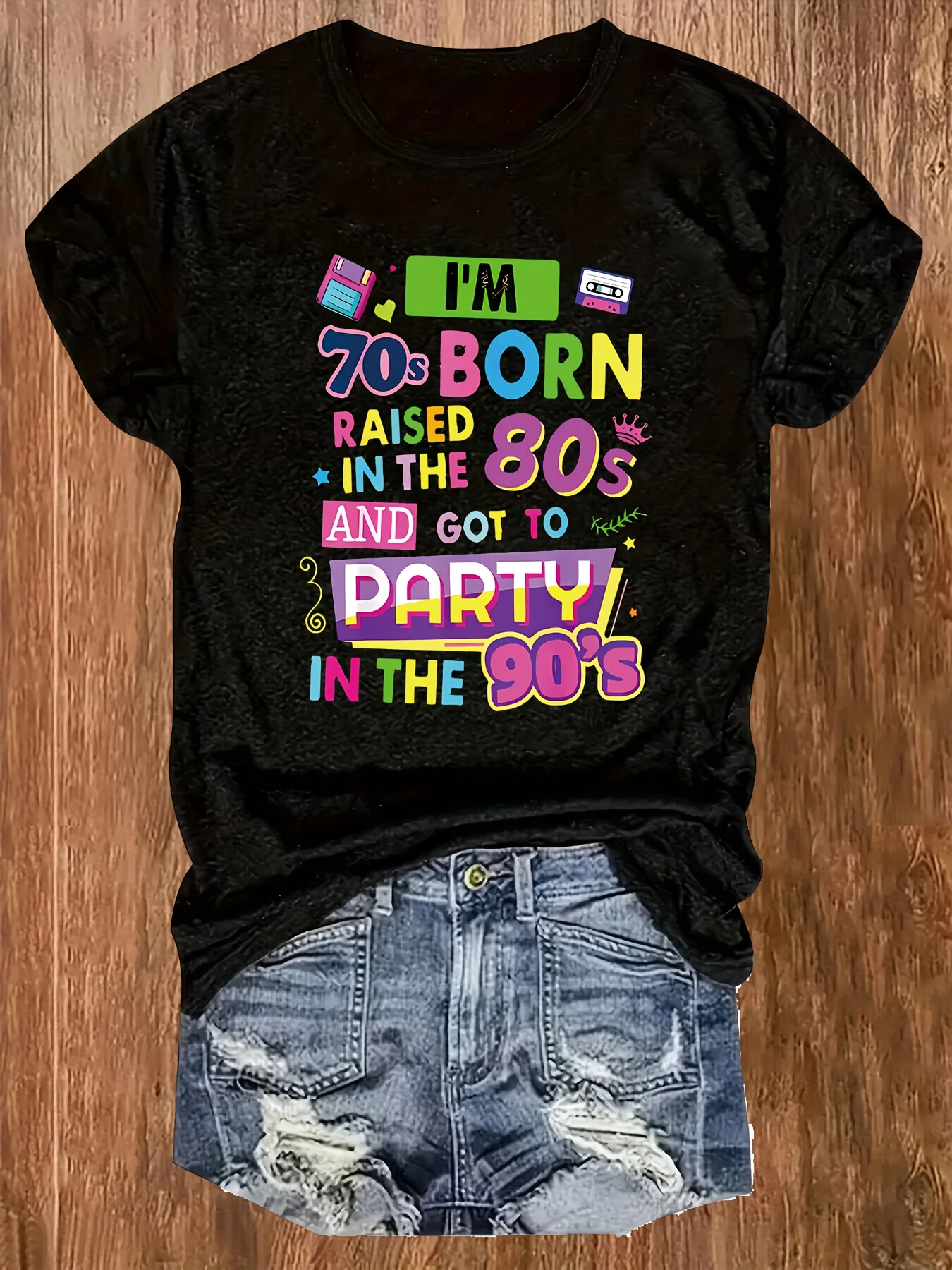 

Plus - Size Black Round Neck T - Shirt with Nostalgic Decade - themed Quote Print: Retro - vibrant and Fun - filled