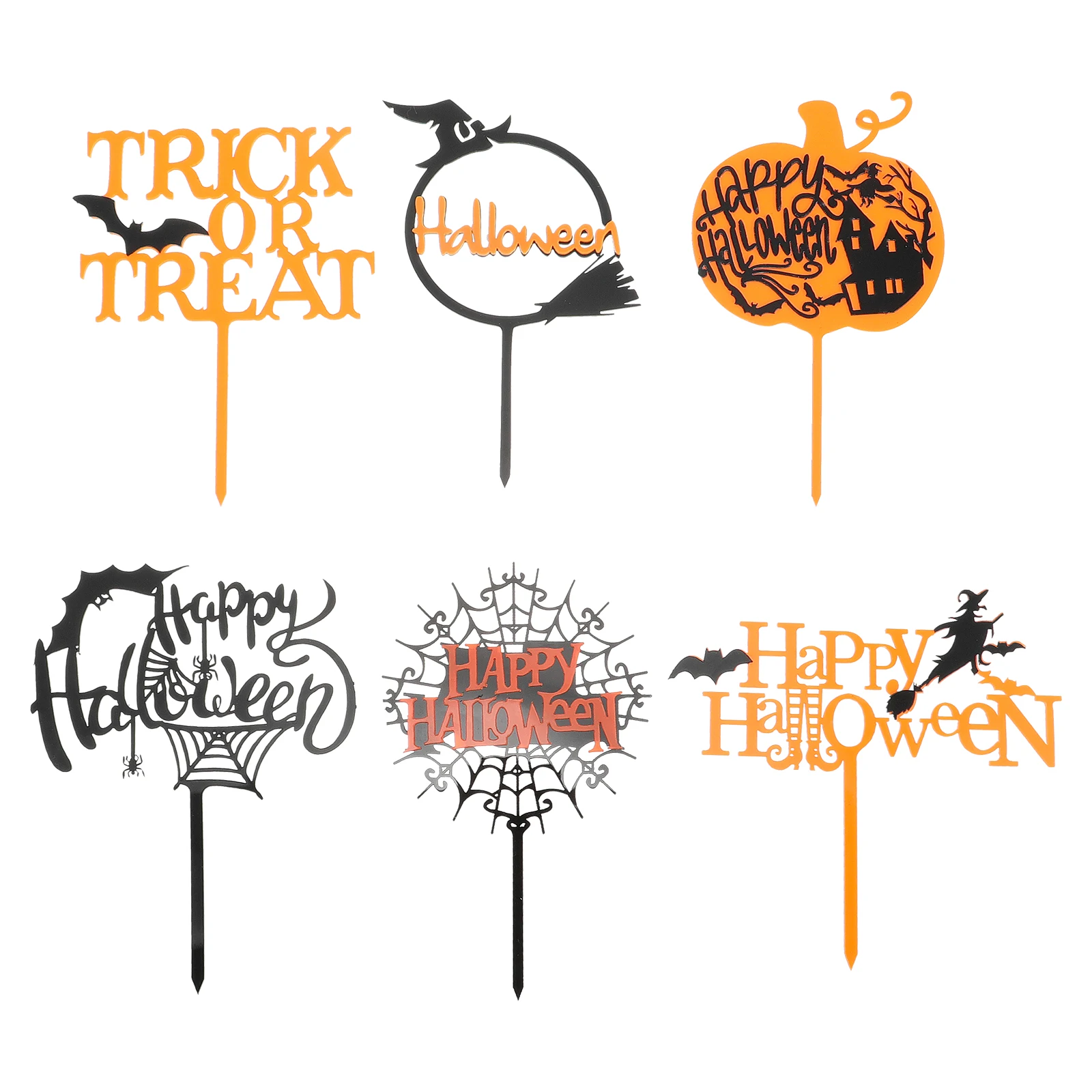 

6pcs Pumpkin Acrylic Card Insert Bright Color Cake Decor Spider Net Topper Halloween Party Supplies Dessert Picks Wizard Hat Bat