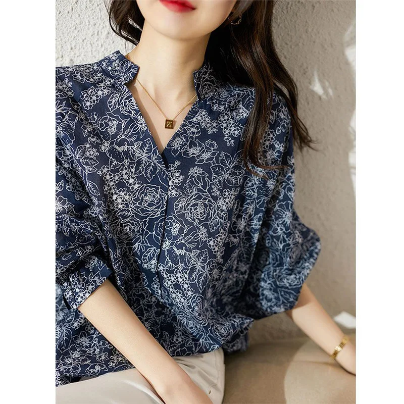 Spring and Autumn Women\'s Clothing Korean V-Neck Floral Printed Lantern Long Sleeve Button Pullover Shirt Loose-fitting Blouse