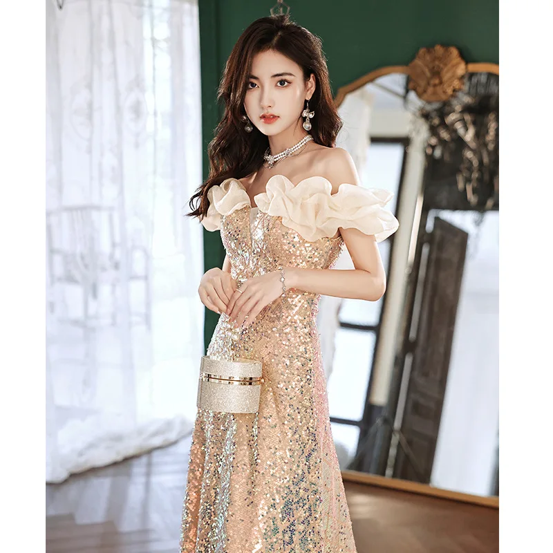 

Champagne Gold A-Line Cheongsam Bling Sequins Qipao Off Shoulder Elegant Formal Party Dress Gown Bandage Vestidos De Festa