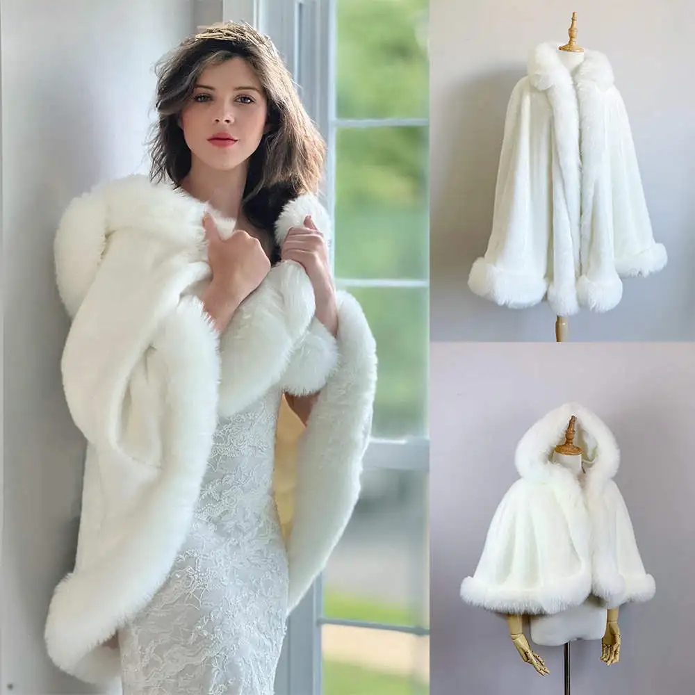 

Soft Thick Women's Short Cloak Shawl Hooded Knitted Faux Fur Cashmere Autumn and Winter Warm Cloak Custom Made