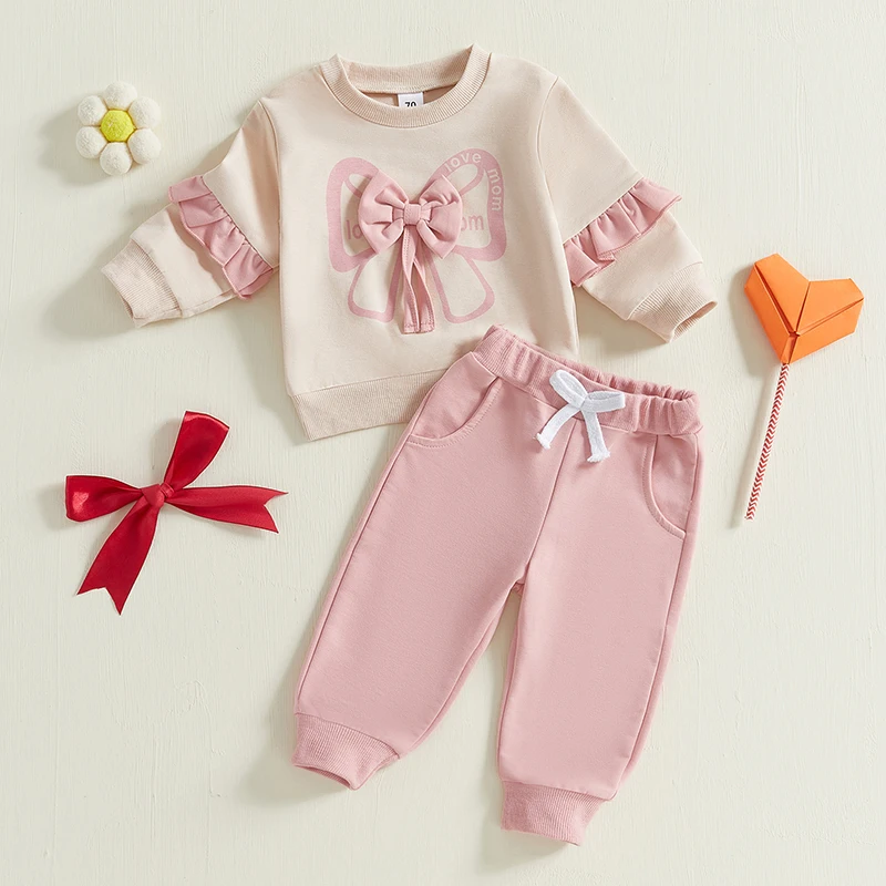 0-3Y Baby Girls 2-piece Outfit Set Long Sleeve Crew Neck 3D Bow Decor Sweatshirt Tops with Elastic Waist Sweatpants Fall Clothes