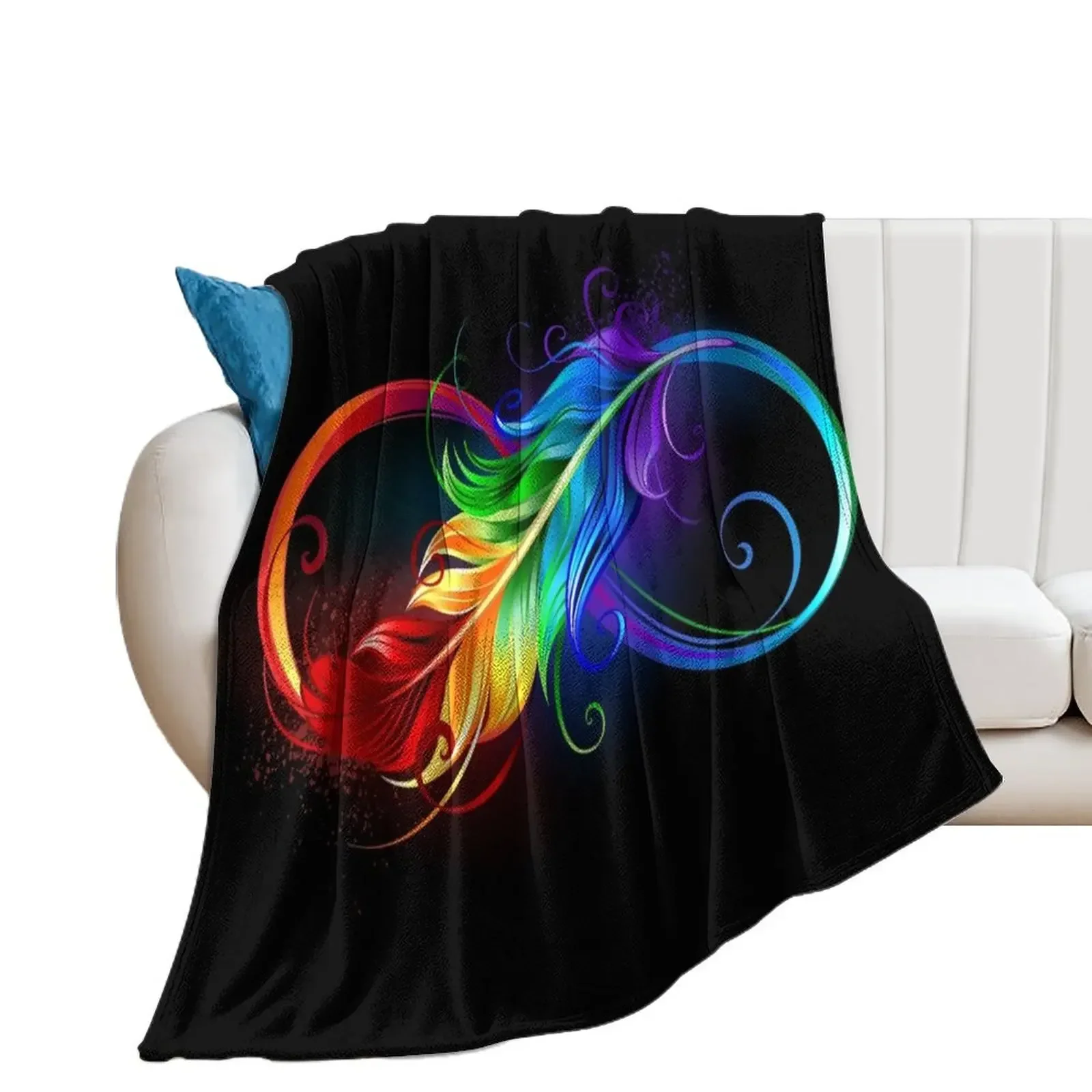 

Infinity with rainbow feather on black background Throw Blanket Beautifuls warm winter Decorative Sofas Blankets