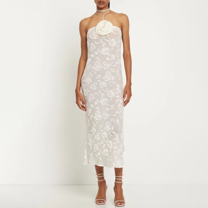 Sexy feminino ver através 3d floral bodycon vestido de noite elegante halter fora do ombro sheer espartilho magro festa sereia vestido convidado