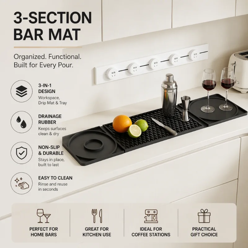 Silicone Dish Drying Mat with Drainage, Kitchen Counter Non-Slip Heat Resistant Pad, Grooved Water Guide Bar Protector
