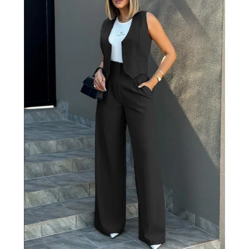 2024Europe and America Cross Border Foreign Trade New Fashion Suit Vest Jacket Wide Leg Pants Casual Suit