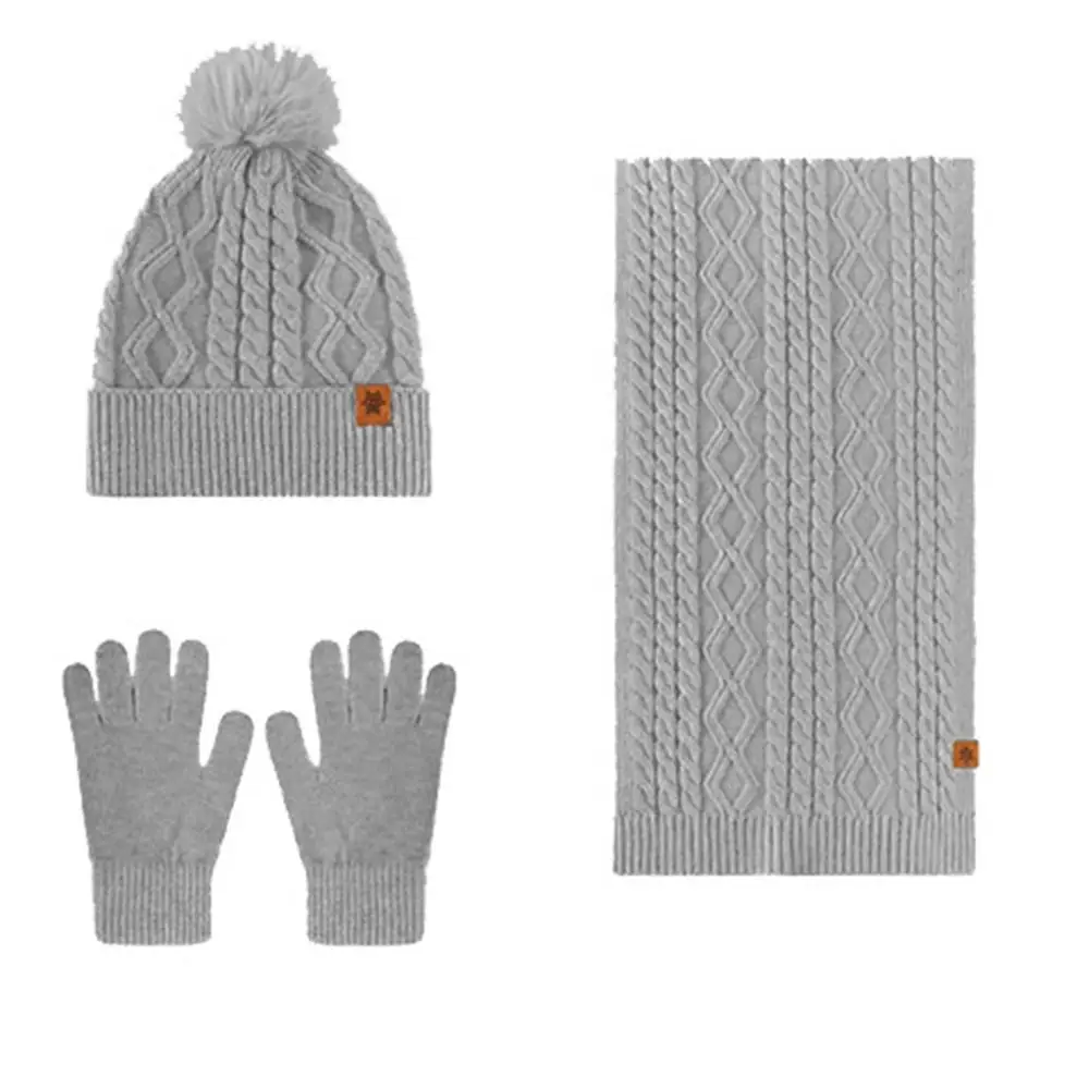 Fleece Lined 3-Piece Set Hat Scarf Gloves Set Thermal Twist Winter Beanie Hat Solid Color Fashion Warm Knit Cap Women