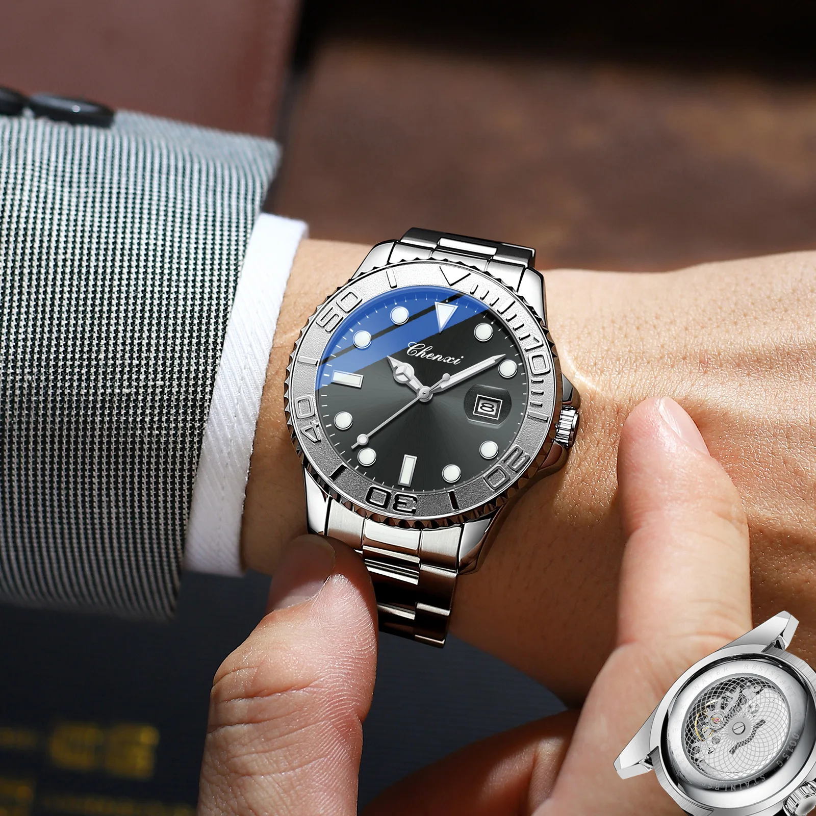 CHENXI 0015 Men's Quartz Watch Fashion Business Calendar Luminous Stainless Steel Strap Wristwatch for Male