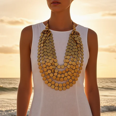 2026 Trend Fashion Geometric Round Wooden Beads Handmade Beaded MultiLayer Long Necklaces For Women Vacation Party Jewelry