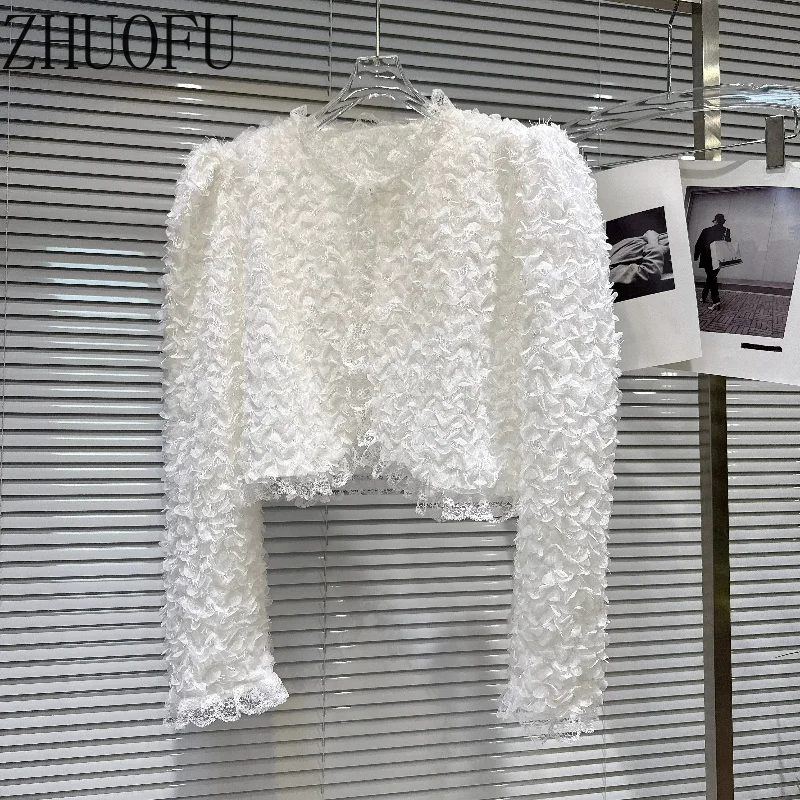 French Romantic Women's Clothing 2026 Autumn New Design Sweet Cool Y2k Lace Edge Pleated Bubble Sleeves Short Jackets Ladies