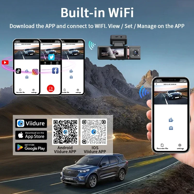 4K ADAS Car Dash Cam WiFi Enabled with Night Vision Loop Recording G-Sensor 170° Wide Angle Front & Inside & Rear Cameras