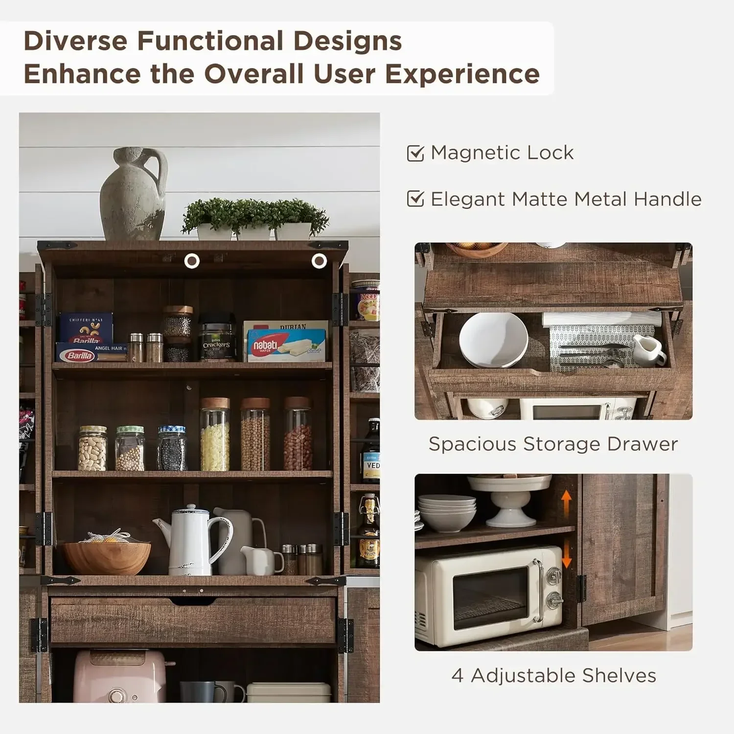 [وصول جديد، اشتر الآن! ] مخزن المطبخ بطول 72 بوصة، وخزانة تخزين المزرعة، ومنظم، ودرج وأرفف قابلة للتعديل، وخشب ريفي