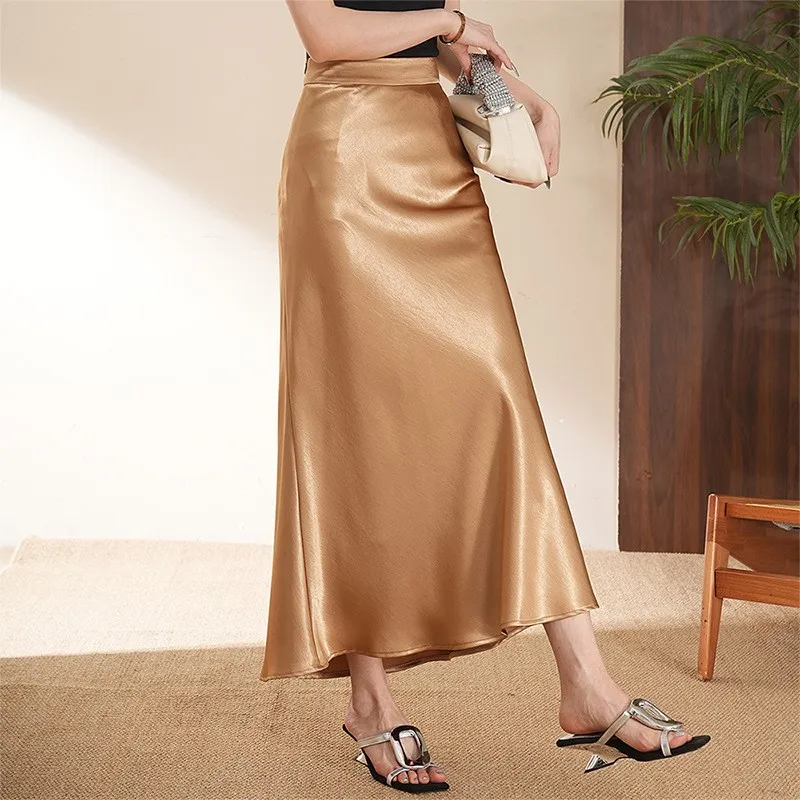 Women's champagne-colored acetate satin skirt summer new slim mermaid silky long dress