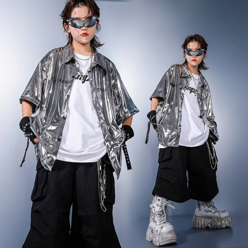 

Boys Hip Hop Dance Costume Cool Shiny Shirt Black Baggy Shorts Short Sleeves Street Dance Performance Clothes Group Drum Outfits