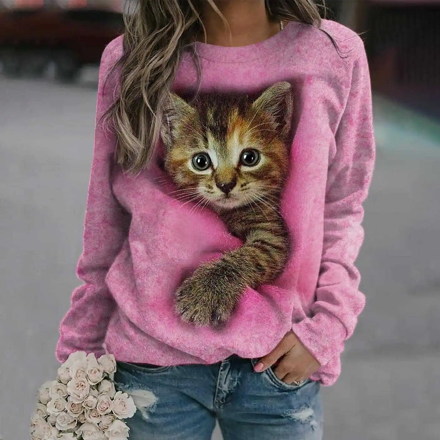 Funny Cute Cat Sweatshirts Animal 3D Print Hoodies Autumn Women Long Sleeve Y2k Hoodie Oversized Pullovers Tops Female Clothing