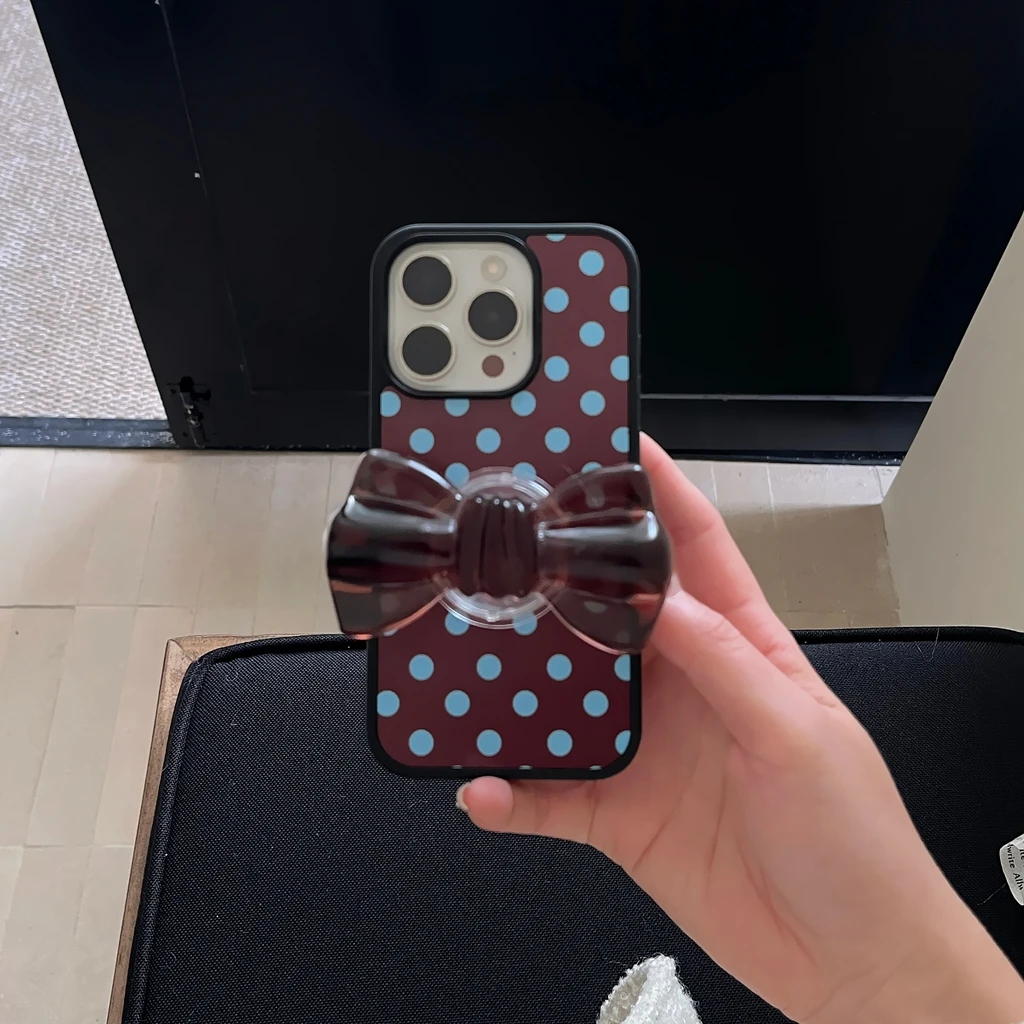 ريترو بسيط الأزرق موجة نقطة البني Bowknot مع حامل للصدمات واقية غطاء الهاتف آيفون 17 16 15 14 برو ماكس