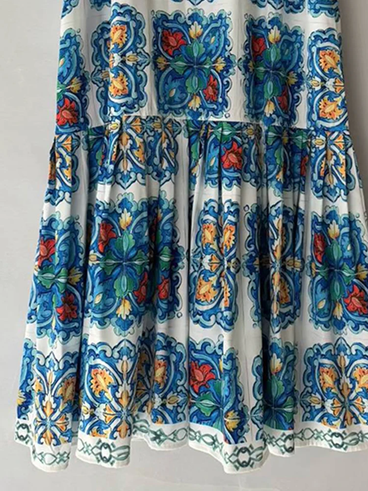 Vestido pulôver retrô com estampa geométrica, gola redonda, verão 2025, camiseta feminina, saia bufante plissada solta e elegante