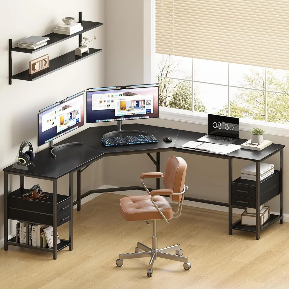 L Shaped Desk with 4 Drawers & 4 Shelves, Corner Desk Computer Desk with Storage, Studying Gaming Writing Table for Home Office