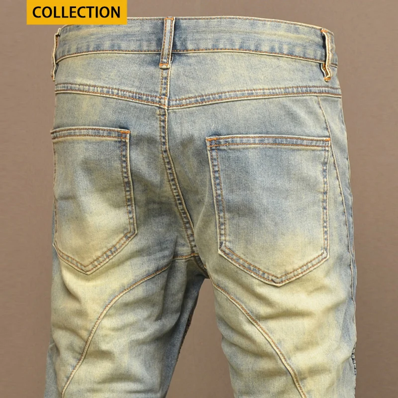 Jeans jeans azul retrô lavado masculino, calça slim fit, jeans de motociclista emendado, hip-hop remendado, moda de rua