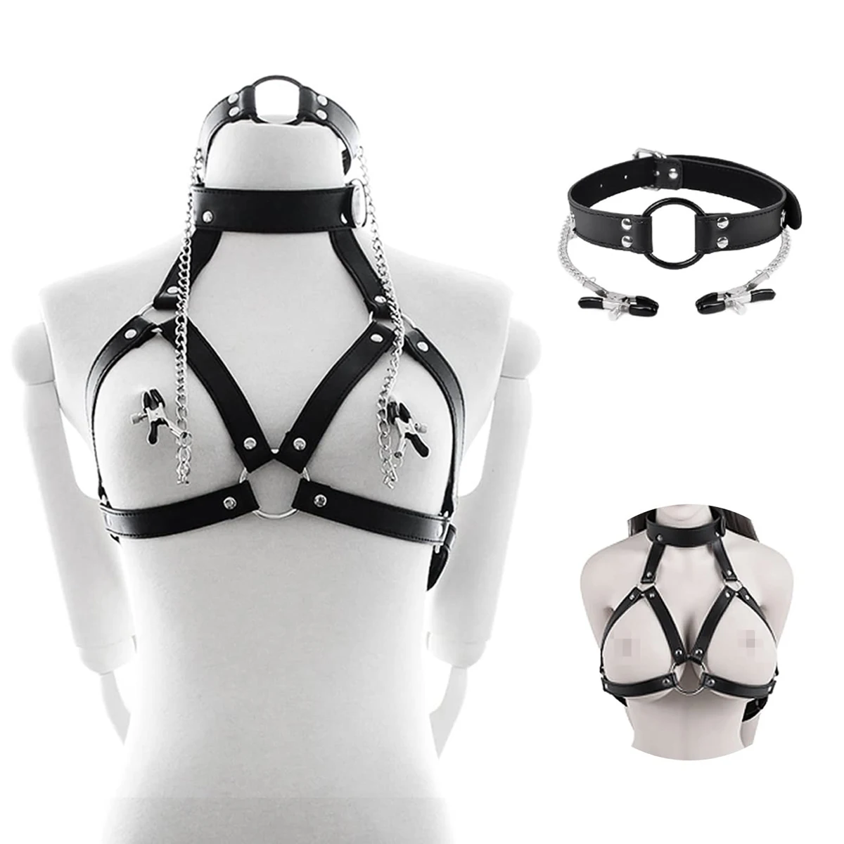 PU Leather Bondage Choker Collar with Nipple Clamp Toy for Woman Adjustable Neck Restraint Leash BDSM Erotic Sex Toys For Couple