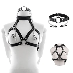 PU Leather Bondage Choker Collar with Nipple Clamp Toy for Woman Adjustable Neck Restraint Leash BDSM Erotic Sex Toys For Couple