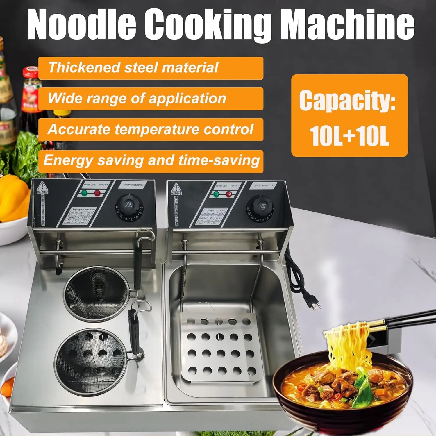 มัลติฟังก์ชั่น 20L 2 ตะกร้าไฟฟ้าเครื่องทําอาหารก๋วยเตี๋ยวหม้อหุงพาสต้า 60-200 ℃   เครื่องทําอาหารเกี๊ยวซุปสแตนเลส